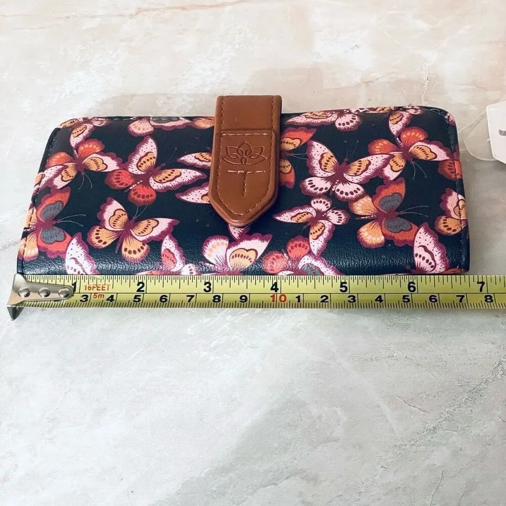 NWT Time and Tru Alexandra Black lilac butterflies Slim Faux leather Slim Wallet